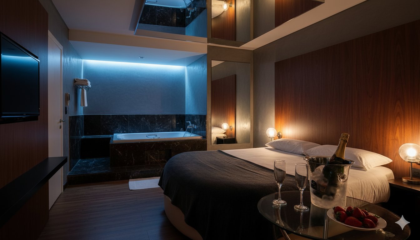 Habitación de telo con jacuzzi, luces tenues y copas para brindar