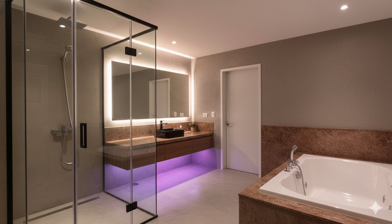 Baño de telo con ducha escocesa y superficies relucientes