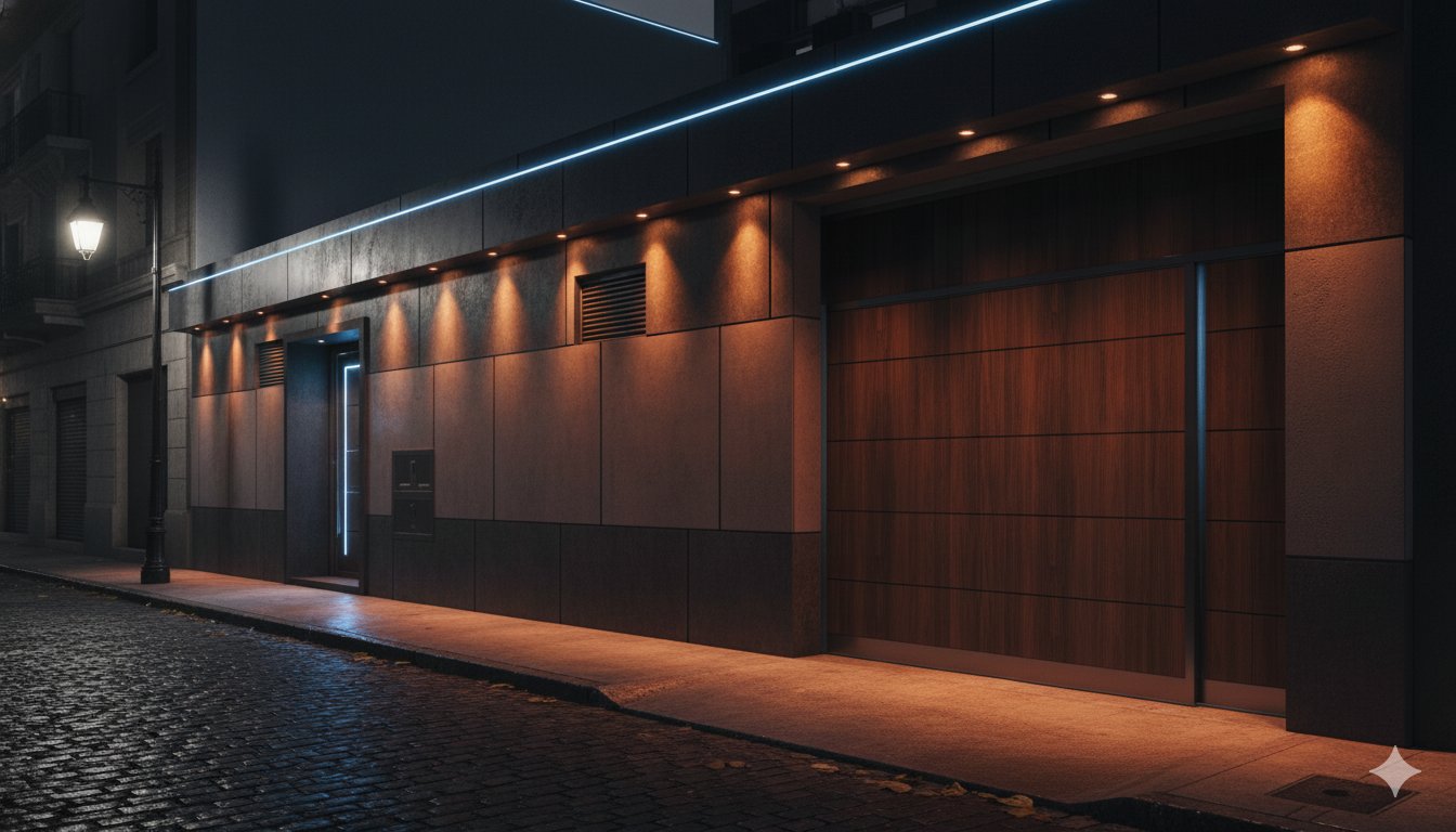 Fachada discreta de telo en Buenos Aires por la noche