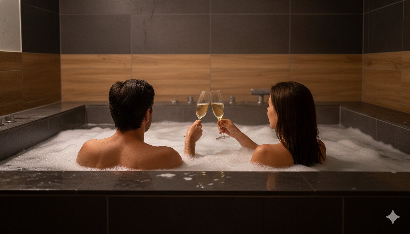 Habitación de telo con jacuzzi privado e iluminación cálida